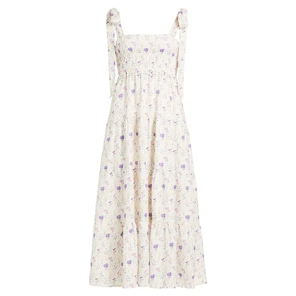 Kivari 'Fleur' White Smocked Linen-Cotton Midi-Dress Size 4